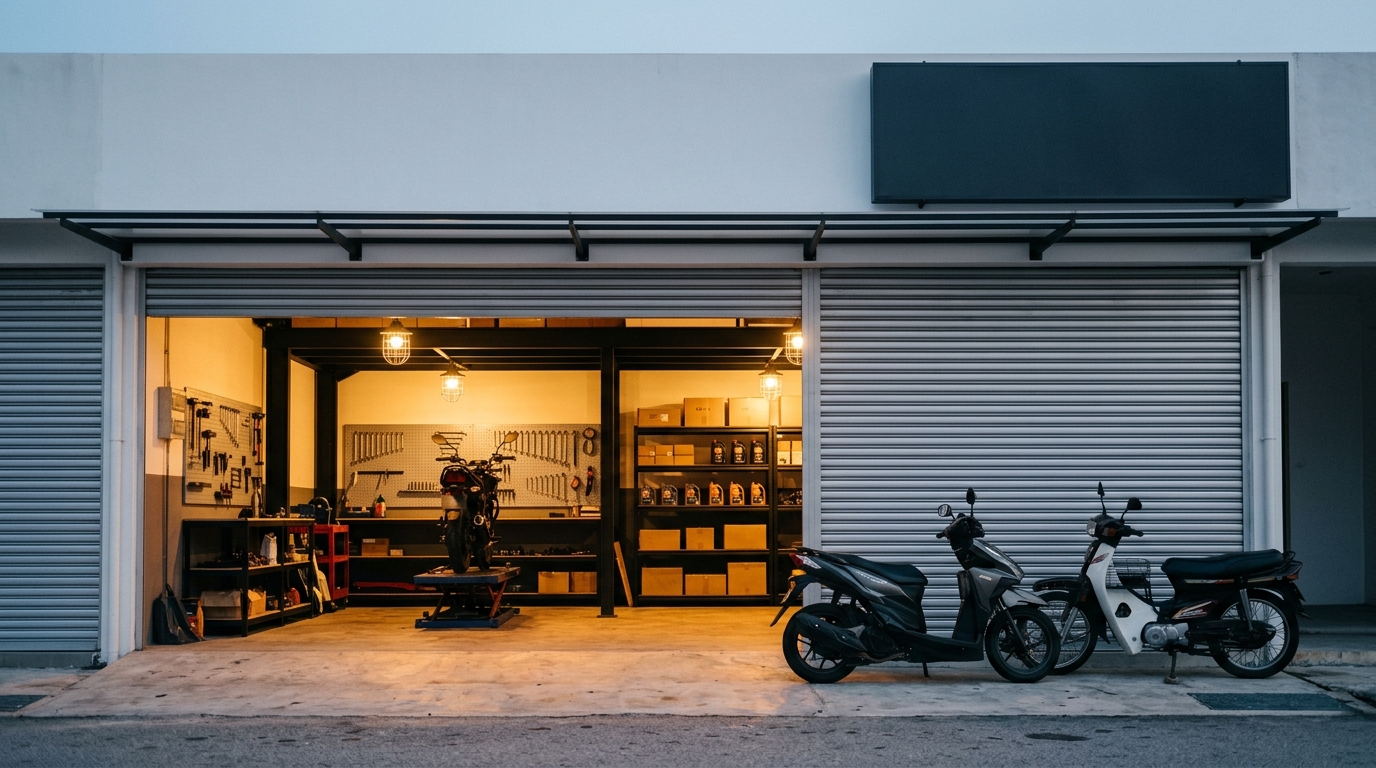 Tampak depan bengkel PIT CREW dari jalan, rolling door baja terbuka